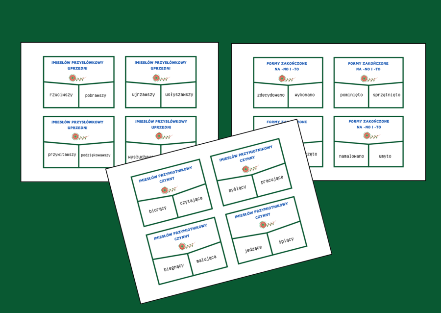 Nieosobowe formy czasownika IMIESŁOWY - układanka - fiszki - egzamin - powtórka – 40 szt. – gramatyka