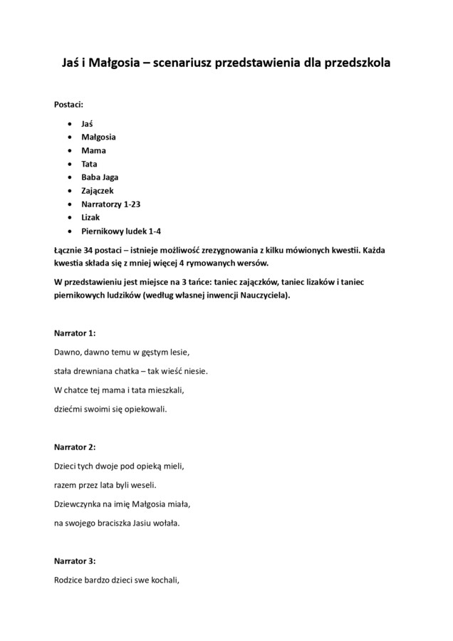 Dzień Babci i Dziadka, Dzień Mamy i Taty - Jaś i Małgosia - scenariusz przedstawienia dla przedszkoli 4-5 i 5-6 lat oraz klas 1-3