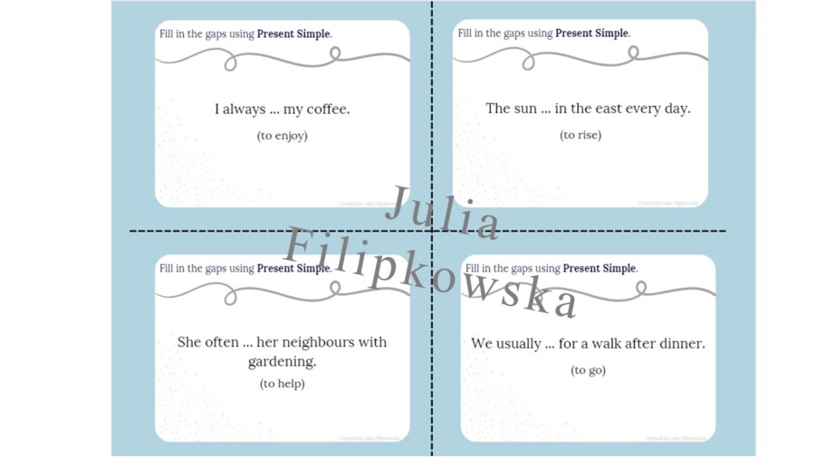 Present Simple/ Karty do mówienia/ Mówienie/ Speaking/ Konwersacje/ Klasy 4-8/ Klasy 4-6/ Klasy 6-8/ SP/ Warm-up/ Rozgrzewka/ Speaking cards/ Gramatyka/ Grammar/ Speaking cards grammar/ Grammar cards/ E8/