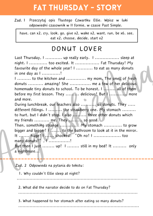 Fat Thursday - Tłusty Czwartek - Past Simple - angielski - karta pracy - czytanie ze zrozumieniem - czytanka - B1 - egzamin ósmoklasisty