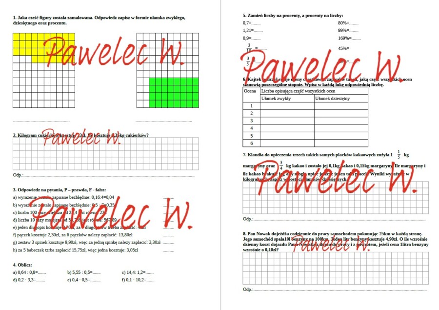 Ułamki dziesiętne i ułamki zwykłe, procenty - sprawdzian, kl. 5, 6, karty pracy /mnożenie, dzielenie, zadania tekstowe/