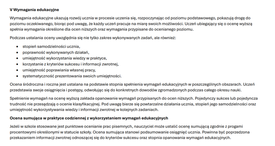Wymagania edukacyjne z języka polskiego dla klas IV–VIII + Kryteria sukcesu