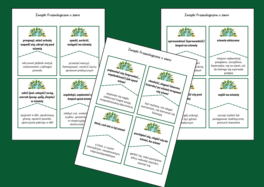 DZIEŃ ZIEMI – ziemia - frazeologizmy – ZWIĄZKI FRAZEOLOGICZNE – fiszki – 24 szt. – kl. 4-8 – egzamin – powtórzenie – ćwiczenia