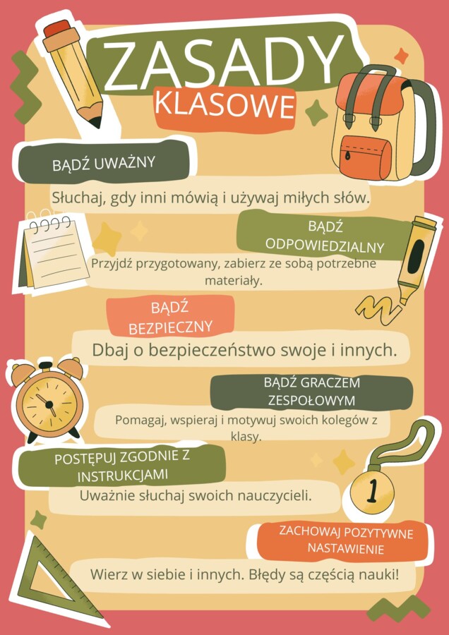 Zasady klasowe - plakat XXL 9szt A4, szkoła podstawowa praz ponadpodstawowa.