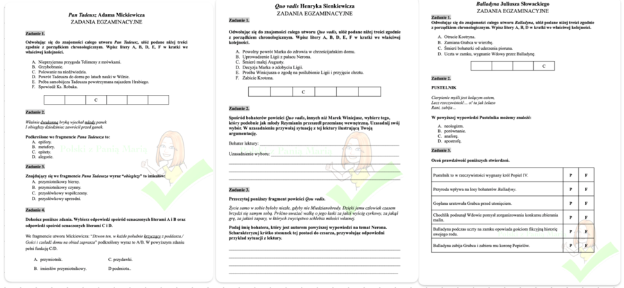 Zestaw zadań egzaminacyjnych do lektur "Balladyna", "Pan Tadeusz", "Quo vadis" W ZESTAWIE TANIEJ
