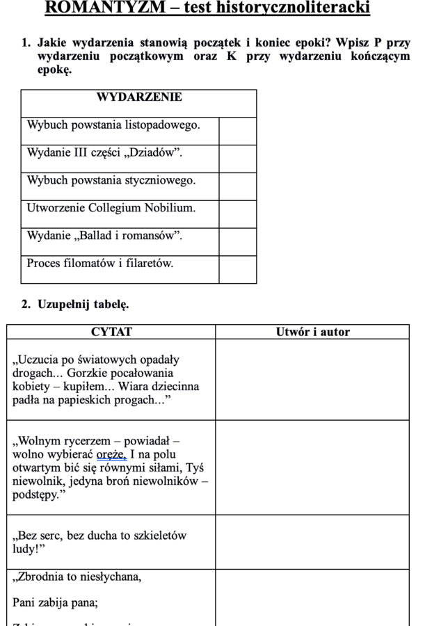 ROMANTYZM - test po epoce