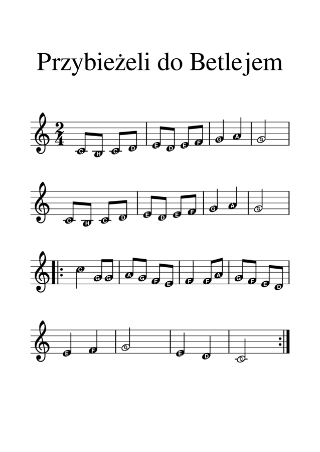 Kolęda Przybieżeli do Betlejem. Duże nuty z literowymi nazwami dźwięków.