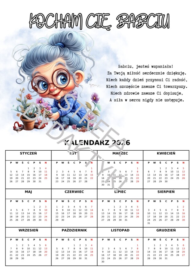 DZIEŃ BABCI I DZIADKA - kalendarz 2026 (33 wzory)
