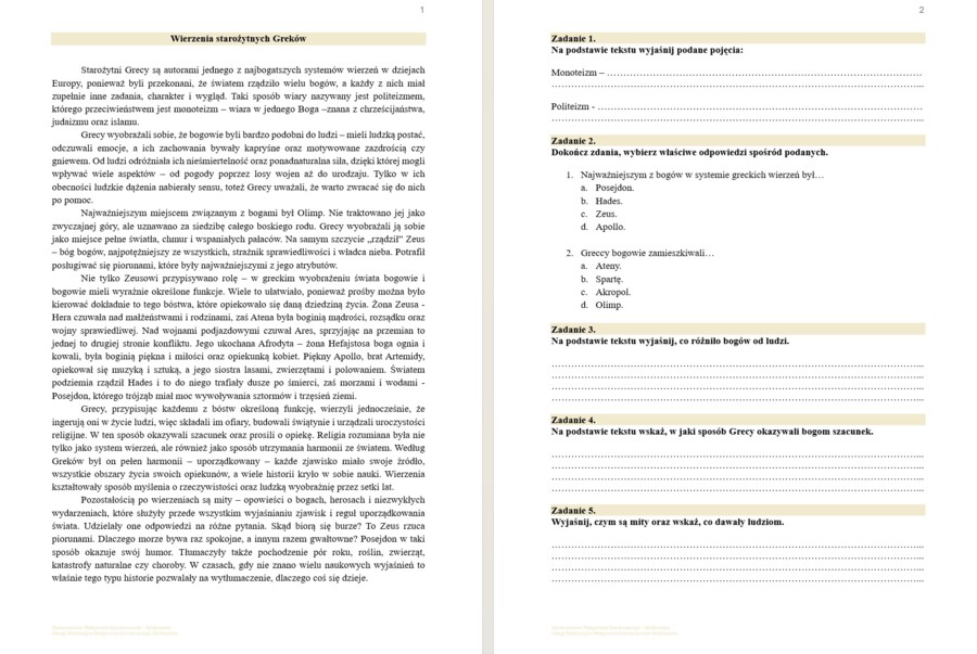 Karta pracy "Wierzenia starożytnych Greków"