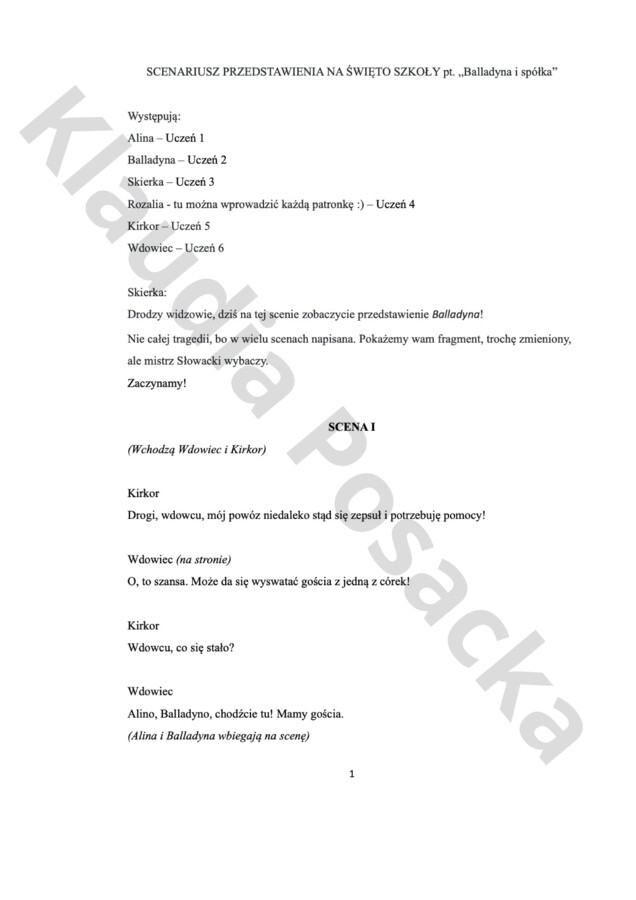 Scenariusz przedstawienia z okazji święta szkoły pt. "Balladyna i spółka"