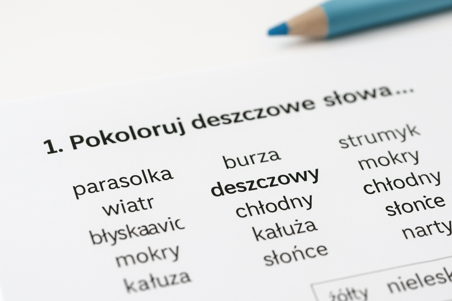 „Deszczowe słowa” – karta pracy do języka polskiego