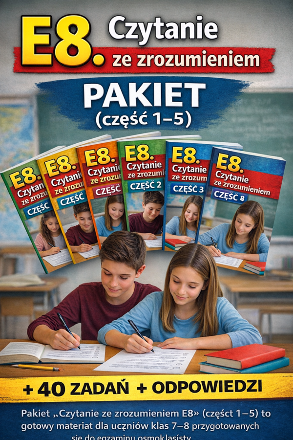 Czytanie ze zrozumieniem E8 – pakiet (część 1–5) + odpowiedzi