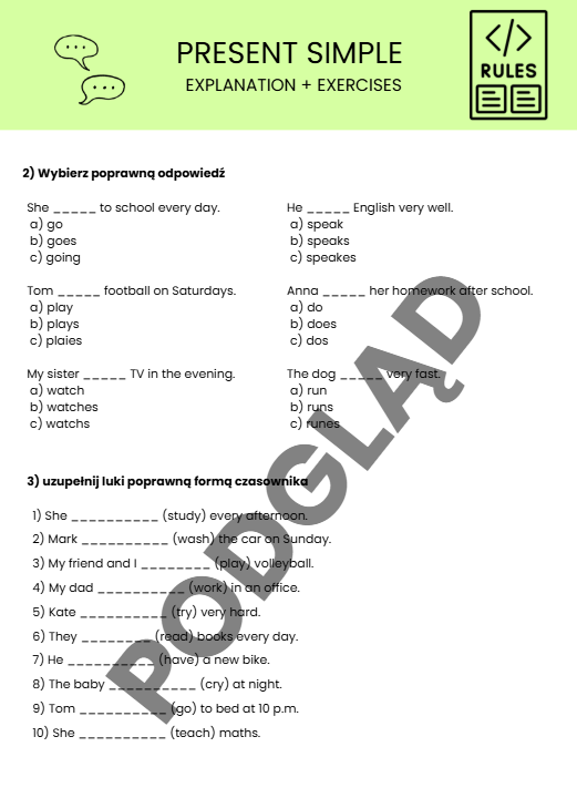 Present Simple - karta pracy wytłumaczenie + zadania