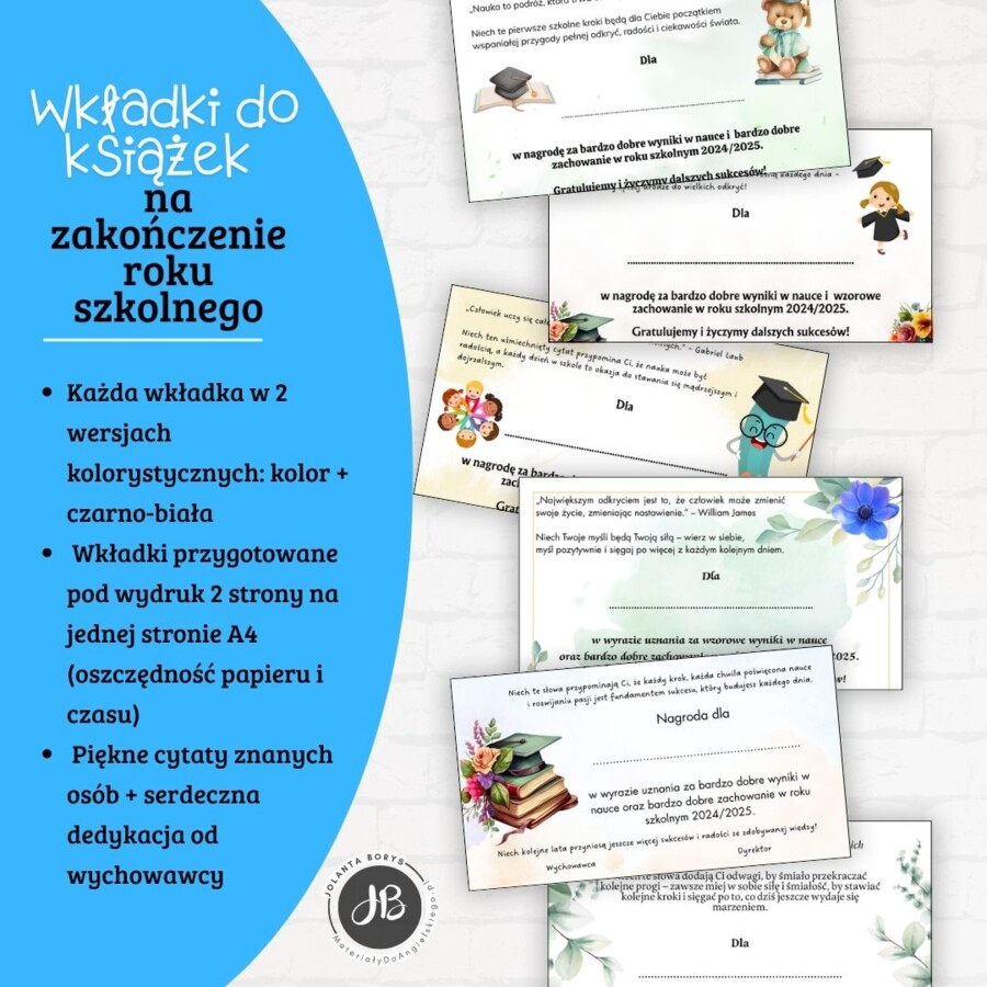 Wkładki do książek na zakończenie roku szkolnego - dla klas 1–8 szkoły podstawowej