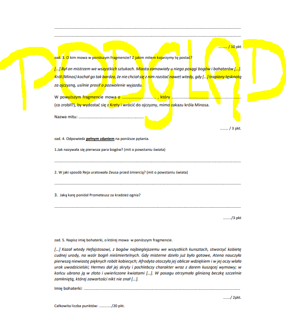 Sprawdzian "Mitologia" Jana Parandowskiego, test mity greckie
