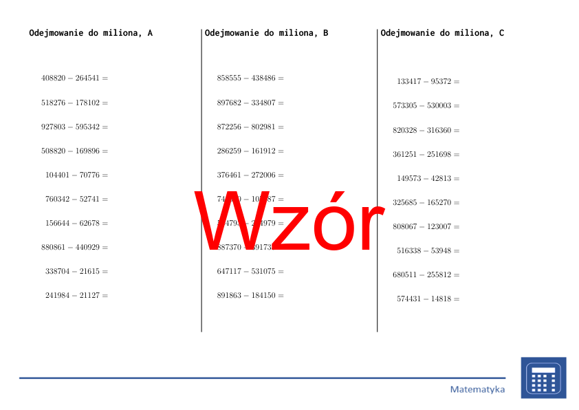 Odejmowanie do miliona | matematyka | 26 kolumn
