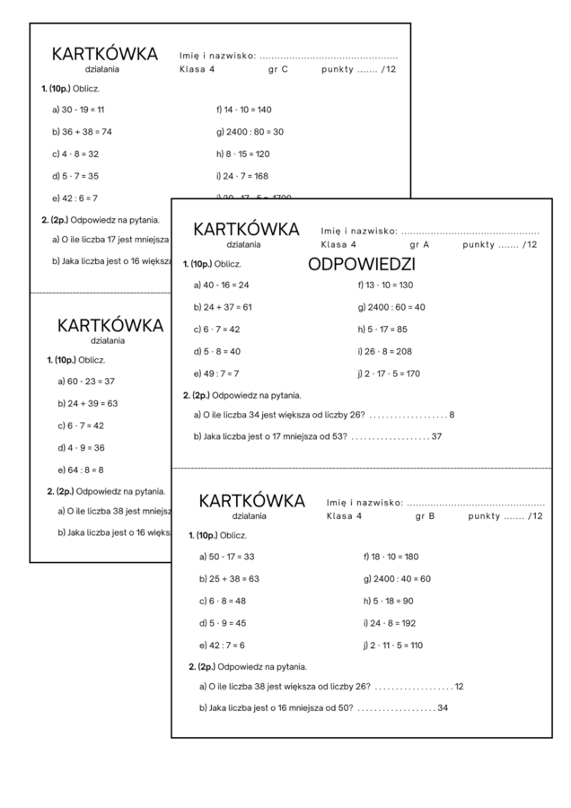 Kartkówka - działania. Klasa 4.