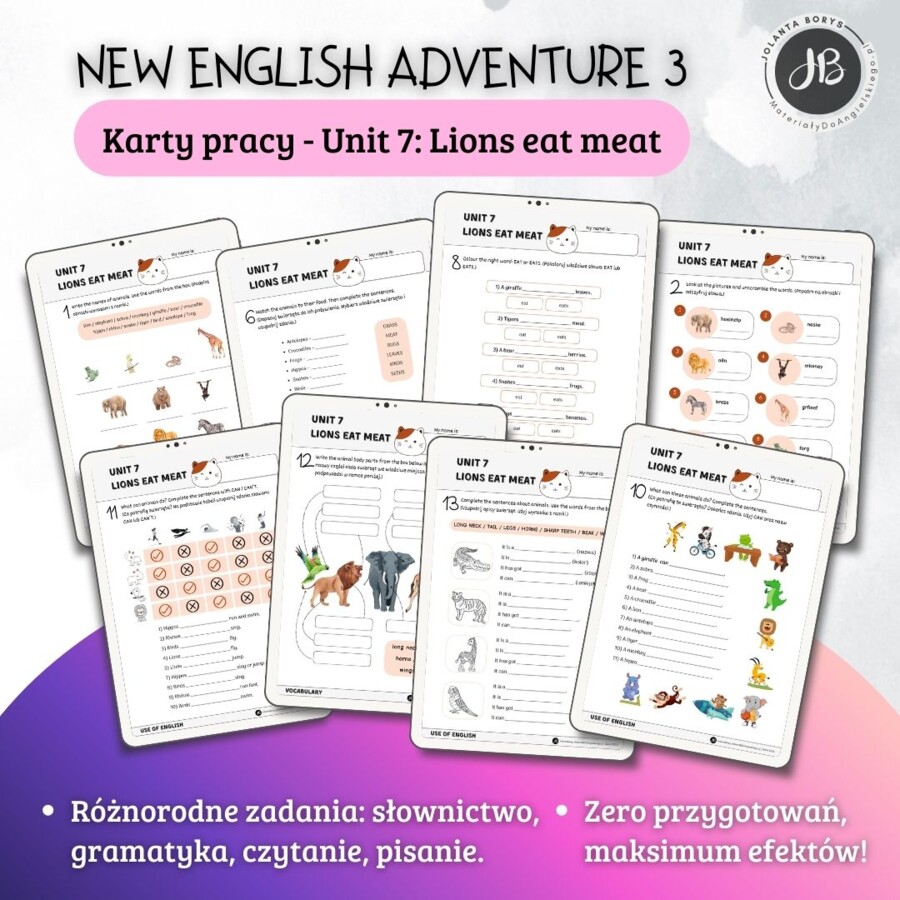 New English Adventure 3 – Unit 7: Lions eat meat – Karty pracy dla klasy 3