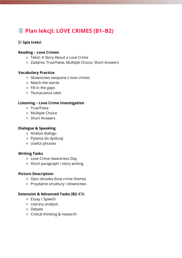 Gotowa Lekcja:  LOVE CRIMES – Karty pracy B1–B2 (+ rozszerzenie B2–C1)
