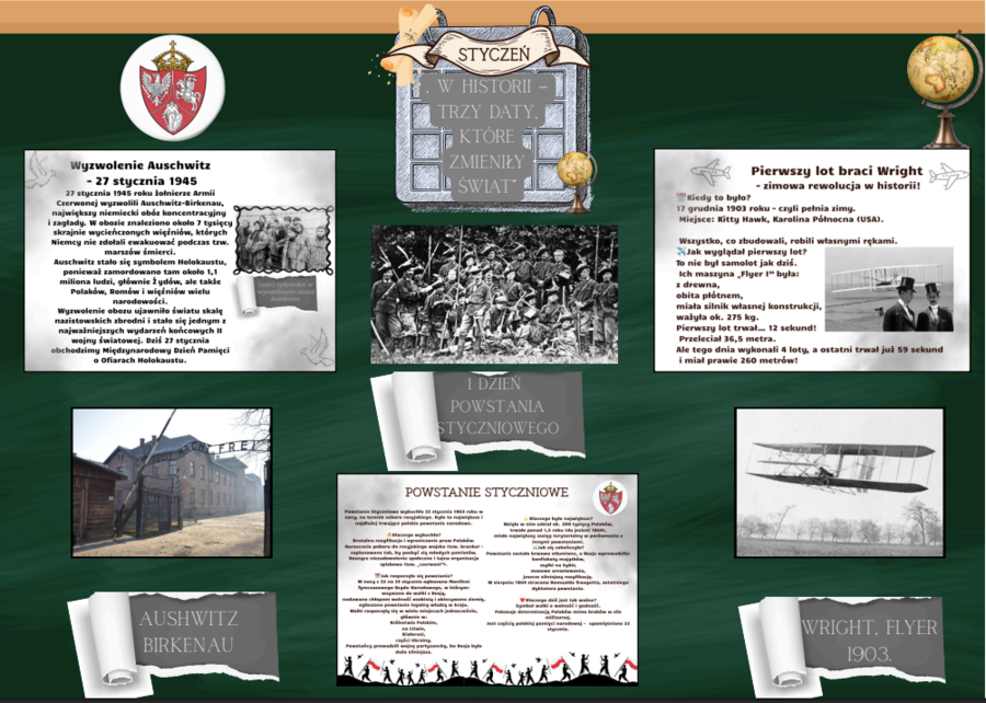 Gazetka „Styczeń w historii"| 23 strony do druku| Elementy łatwe do wycięcia| Główna grafika w formie plakatu 4 x A 4| Idealna do klasy/na korytarz/ do biblioteki