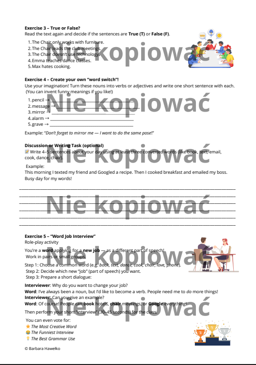 Karta pracy When Words Change Their Jobs - word conversion, z czytanką A2/B1