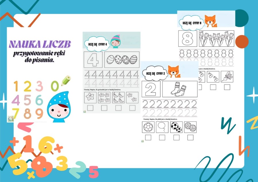 NAUKA LICZB. PRZYGOTOWANIE RĘKI DO NAUKI PISANIA. ZBAWA LICZBAMI. SZABLONY DO MALOWANIA PALCAM, WYKLEJANIA PLASTELINĄ.