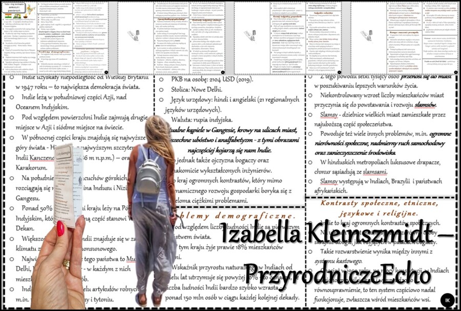 Książeczka/sketchnotka/notatka/wklejka/streszczenie dla ucznia i przypomnienie dla nauczyciela/edukacja domowa/materiał w pigułce. Temat „Indie – kraj kontrastów społecznych i gospodarczych.” w pdf. Geografia 8, dział „Azja”. Nowość 2024/2025.