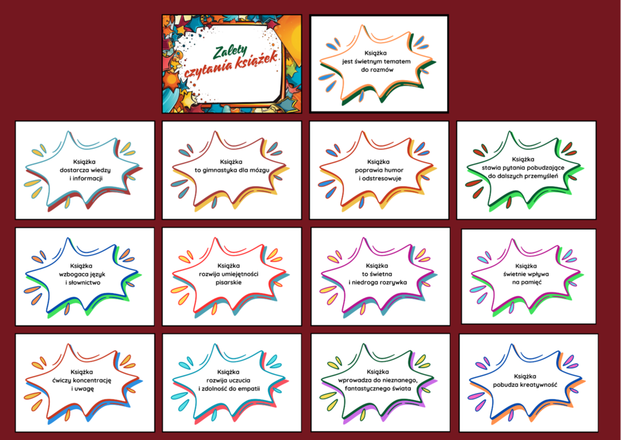 ZALETY CZYTANIA KSIĄŻEK - gazetka - biblioteka - język polski - 14 stron - wersja 1