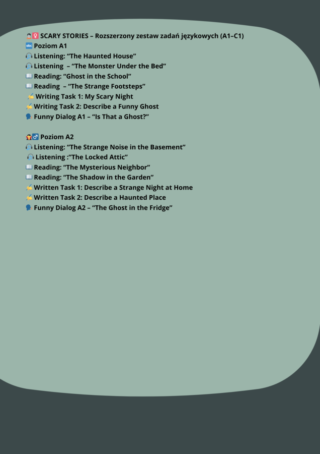 HALLOWEEN 👻🧟‍♀️ SCARY STORIES – Rozszerzony zestaw zadań językowych (A1– C1) 🧛‍♂️🧙‍♀️