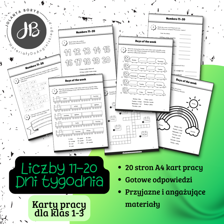 Liczby 11-20, Dni tygodnia - karty pracy do języka angielskiego dla klas 1-3