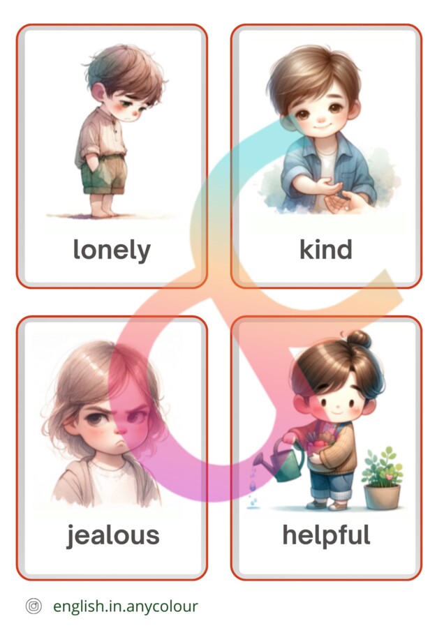 Angielski - Emotions - 2 rodzaje słownika obrazkowego, indywidualne karty BINGO, 4 ćwiczenia