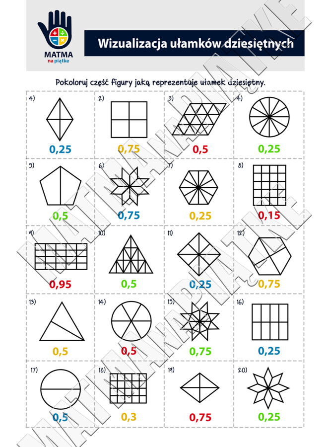 Ułamki dziesiętne - Zestaw materiałów / Pakiet 4x A4 - Szkoła Podstawowa - Klasa 4 / 5 - Klasa Czwarta / Piąta - Ułamek jako część całości - Karta pracy o ułamkach dziesiętnych - Powtórzenie ułamków - Kolorowanka Wycinanka z ułamkami dziesiętnymi - Wizua