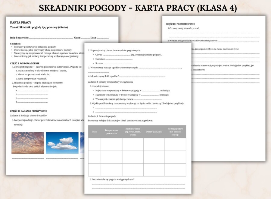 KARTA PRACY - Składniki pogody i jej pomiary, klasa 4 (45min)