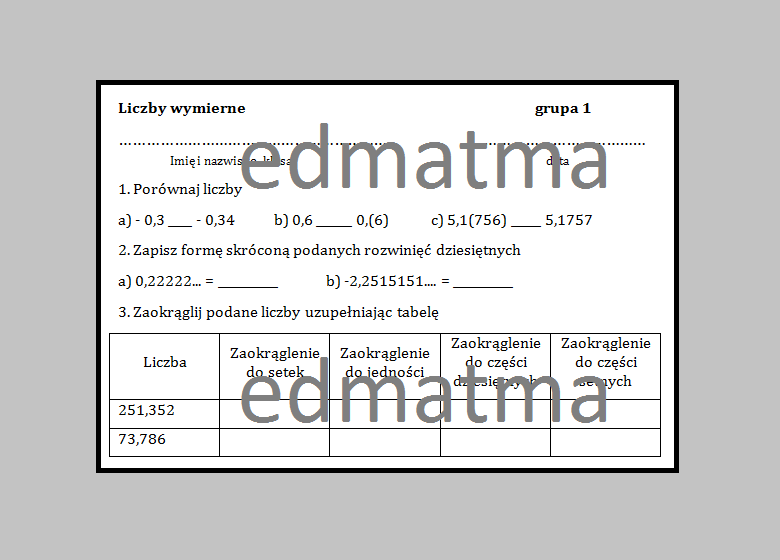Kartkówka liczby wymierne (porównywanie liczb, rozwinięcia dziesiętne, zaokrąglanie)