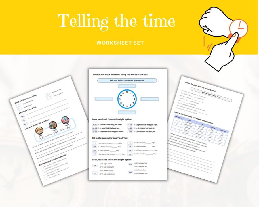 Telling the time worksheet - Podawanie czasu, godziny, język angielski, podwójne karty pracy, pełen zakres minutowy