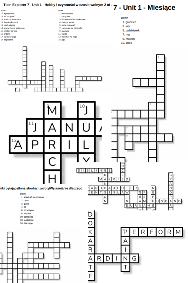 Teen Explorer 7 – Unit 1 – krzyżówki – Hobby i czynności w czasie wolnym/Miesiące/Przymiotniki_Przysłówki częstotliwości/Rodzina/Zaimki pytające_Inne słówka i zwroty_Wyjaśnianie dlaczego