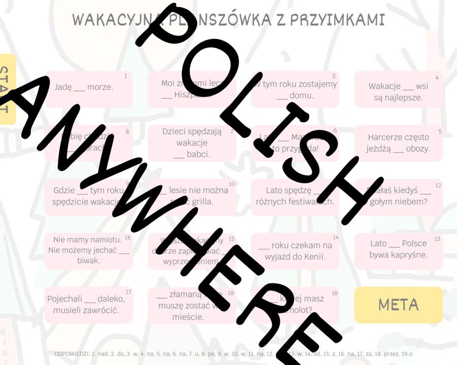 Wakacyjna planszówka z zaimkami.