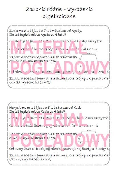 Szybkie karteczki – wyrażenia algebraiczne, sumy algebraiczne, jednomiany, redukcja wyrazów podobnych (karta pracy, kartkówka kl. 6, 7, 8)