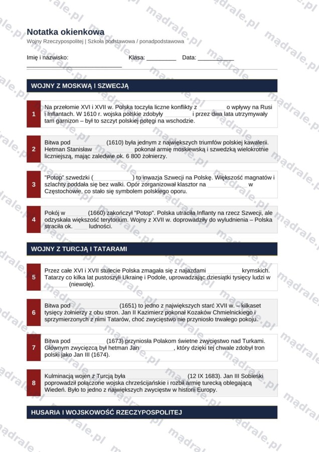 Notatka okienkowa „Wojny Rzeczypospolitej” + klucz odpowiedzi