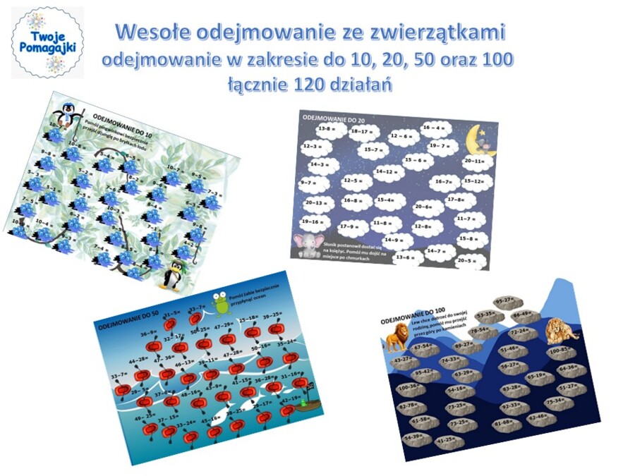 ❤Wesołe odejmowanie w zakresie do 10, 20, 50 i 100 - 120 działań