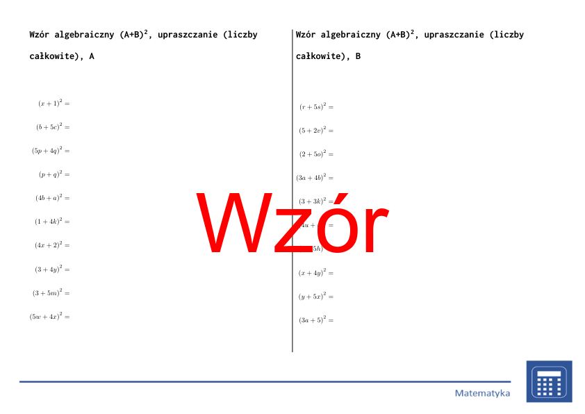 Wzór algebraiczny (A+B)^2, upraszczanie (liczby całkowite) | matematyka, algebra | 26 kolumn