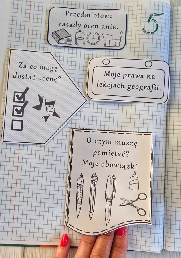 Przedmiotowe zasady oceniania (PZO) z geografii (klasa 5). Interaktywna notatka do wycinania, zginania i wypełniania przez ucznia.