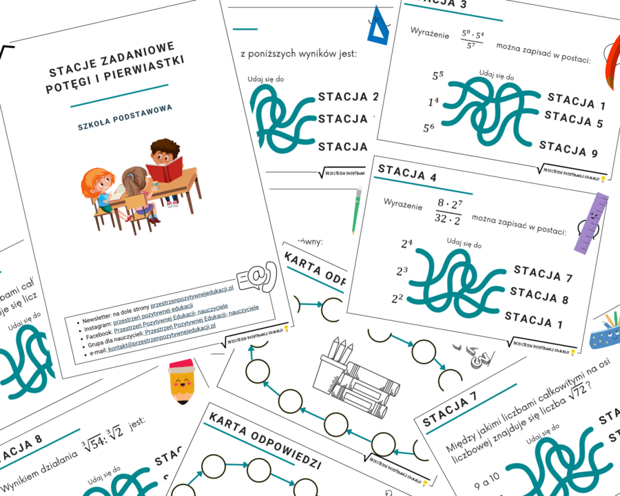 Stacje zadaniowe z potęg i pierwiastków - klasa 7 i 8
