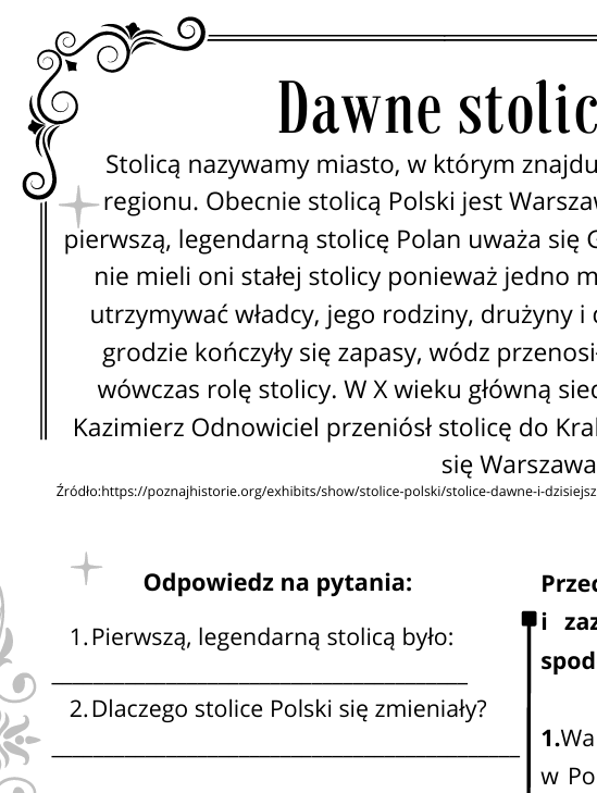 Legendy polskie i dawne stolice Polski - karty pracy i krótki tekst ze zrozumieniem