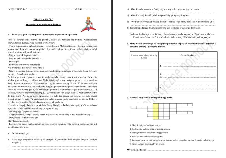 Sprawdzian po omówieniu lektury "Mały Książę"