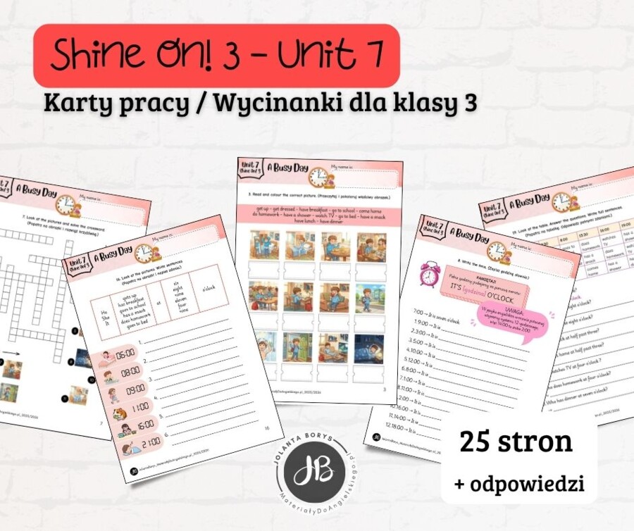 Materiały do Shine On! 3 Unit 7 – A Busy Day – karty pracy – wklejki/wycinanki