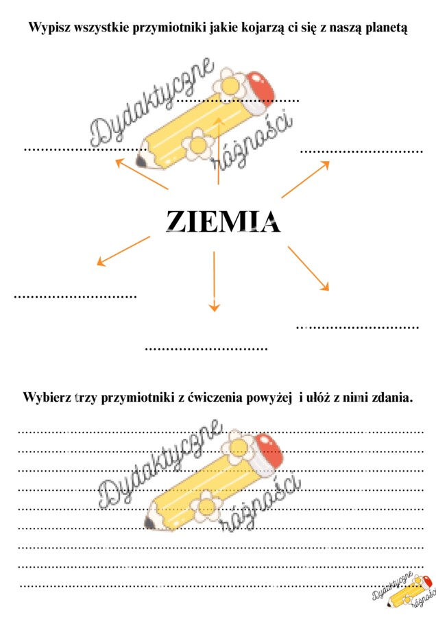 Dzień Ziemi. Czytanie ze zrozumieniem + pytania do tekstu+ kolorowanka+ określanie Ziemi przymiotnikami+ układanie i zapisywanie zdań.