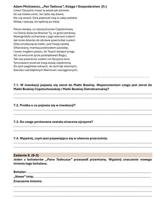 Sprawdzian z "Pana Tadeusza"