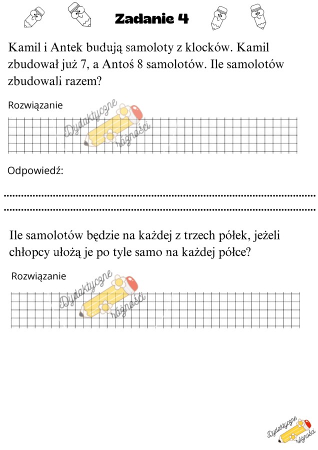 Dzielenie w zakresie 40. Zadania z treścią w wersji normalnej i rozbudowanej dla uczniów szybciej pracujących.
