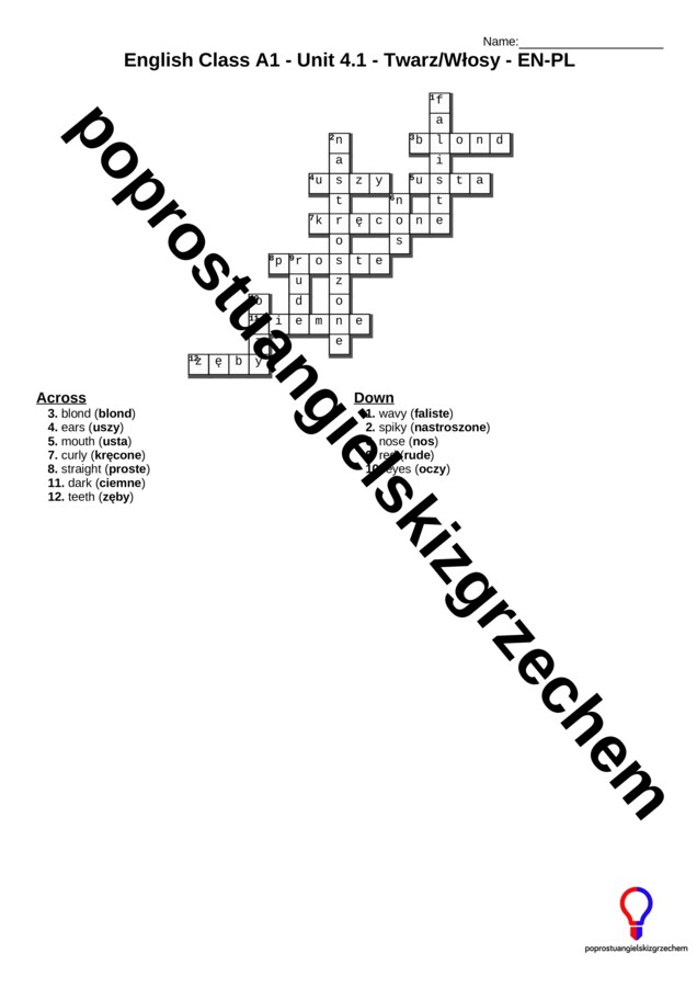English Class A1 – Unit 4 – krzyżówki